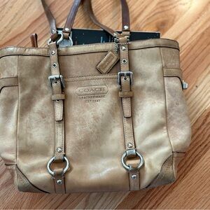 Coach Tan Leather Structured Tote with Distressed Finish